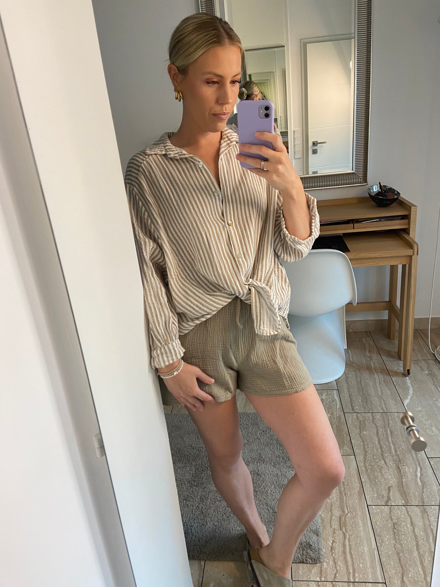 Musselinbluse „Stripe“ Weiß/Beige