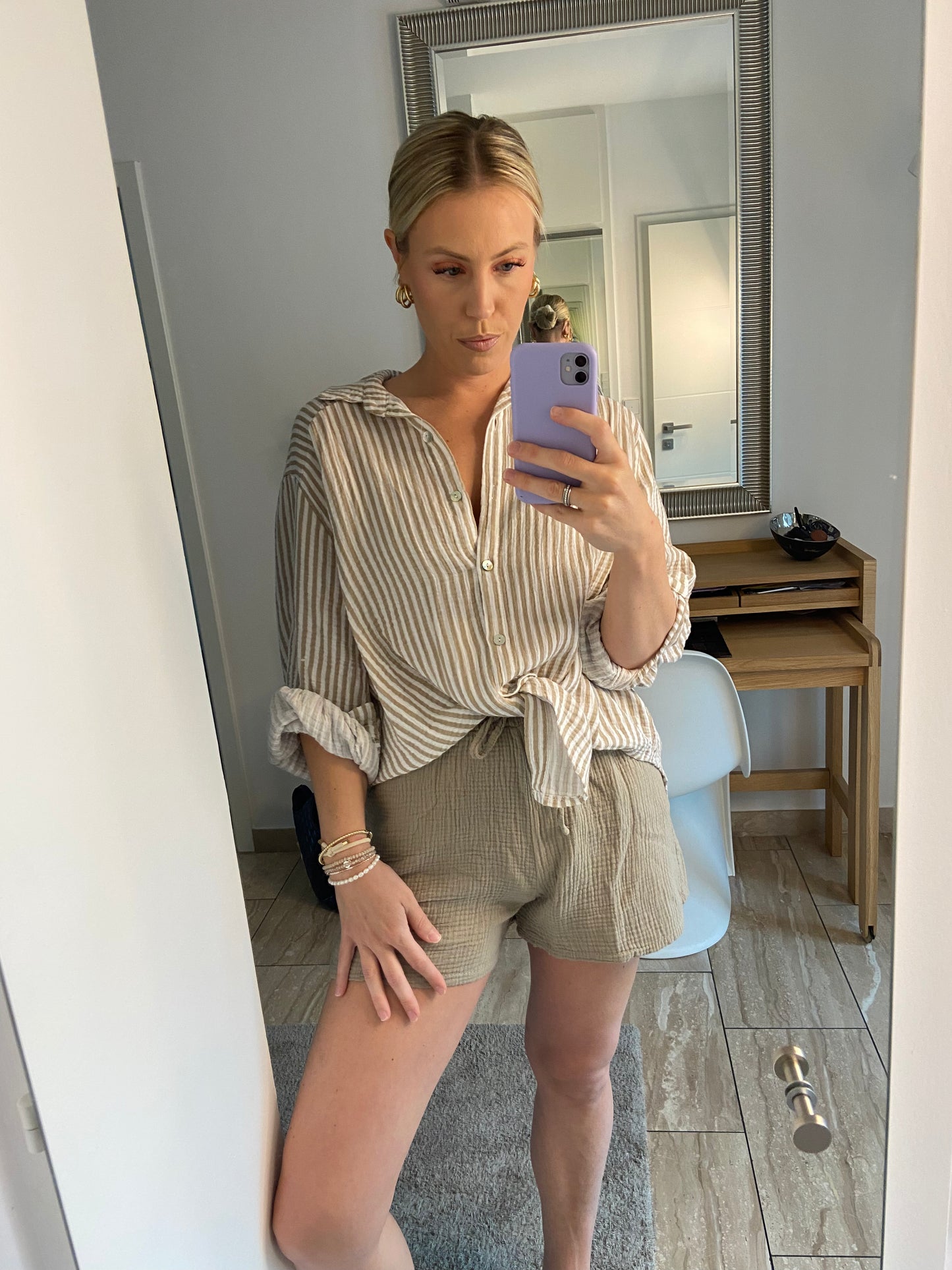 Musselinbluse „Stripe“ Weiß/Beige